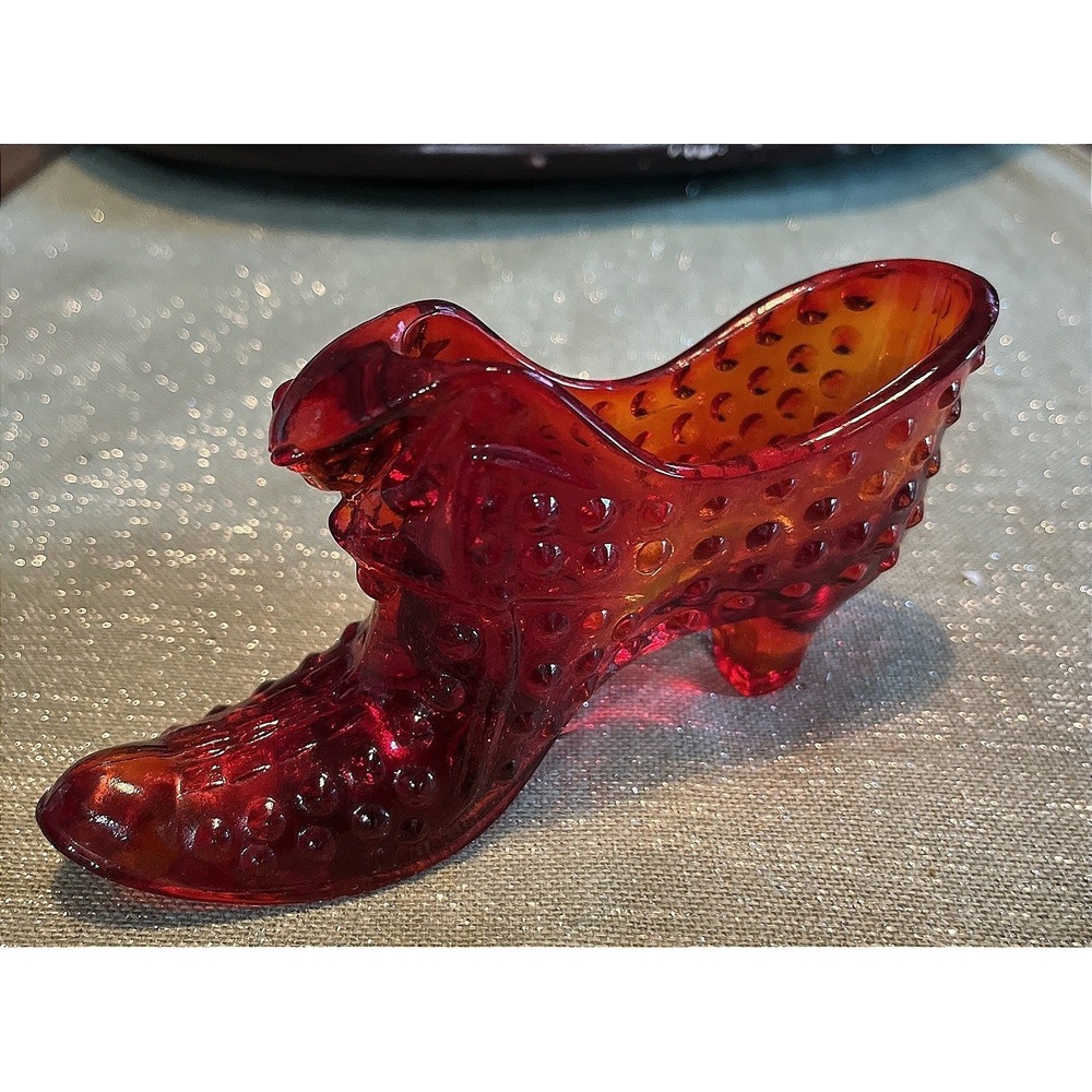 Vintage Fenton Amberina Ruby Red Fenton Hobnail Cat Head Slipper Shoe~Glows